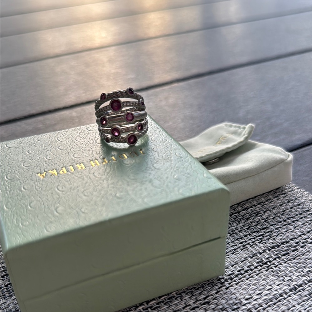 Judith Ripka Elegant Silver and Hot Pink Sapphire Gemstone Ring